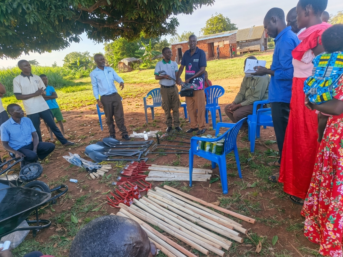 Nabukalu Community Farmers receiving their tools from CHAIN Uganda Directors.